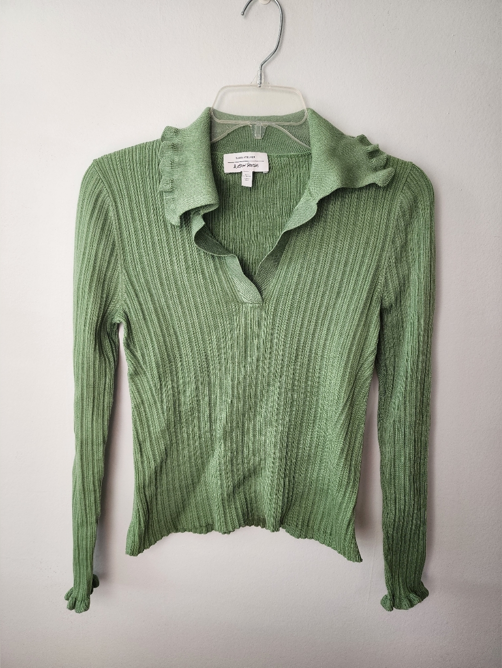 Wool Ribbed Knit Long-Sleeve Collared Top